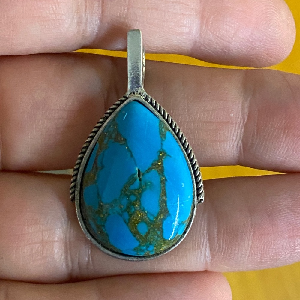 Turquoise Teardrop Pendant Silver Tone Southwestern Style - Picture 2 of 4